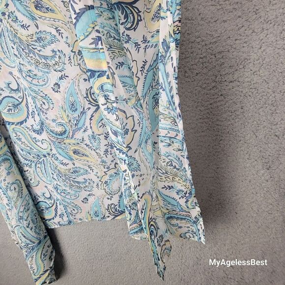 Chico's Cover-up Poncho Womens L XL Blue White Paisley Side Tie Sheer Angled - Picture 14 of 16